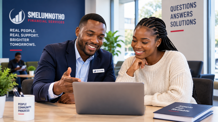 Smelumnotho staff member wearing a Here to Help badge and a customer smiling together over a laptop