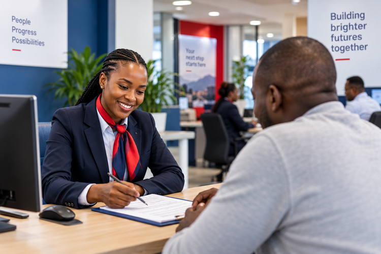 Smelumnotho consultant assisting a customer with their loan application at the branch counter